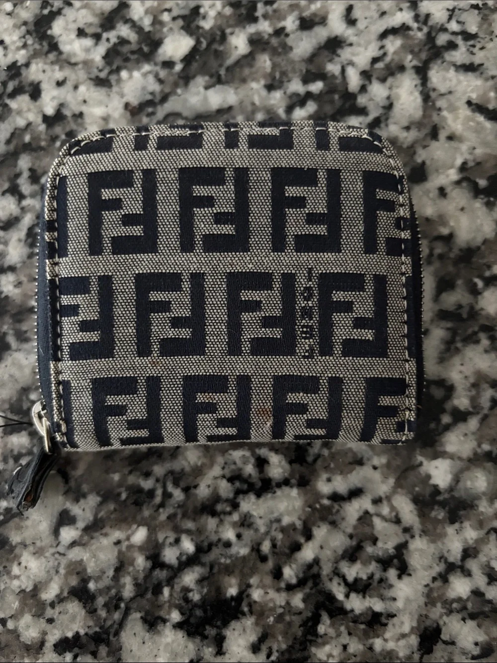 Authentic Fendi Navy and Beige FF Logo Zip coin purse